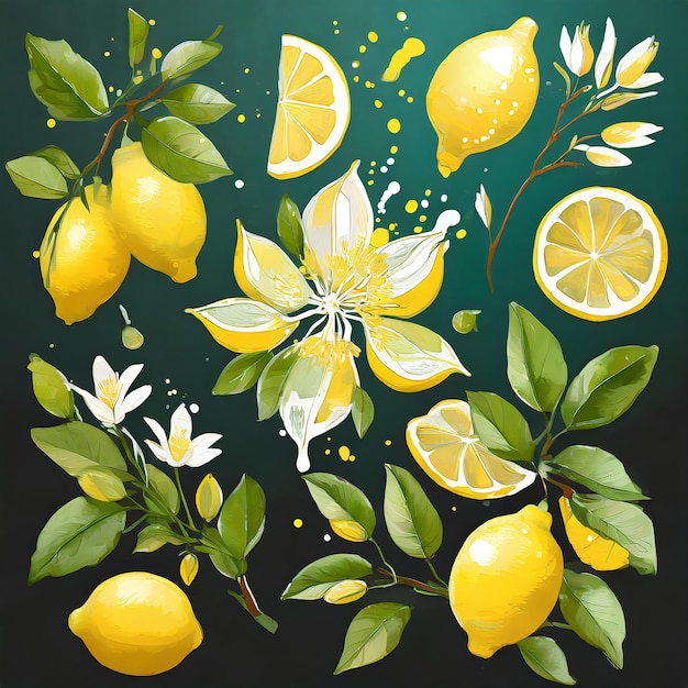 Gran vector Conjunto de ramas de limón Hojas verdes de flores Frutas y arreglos de jugo salpicado