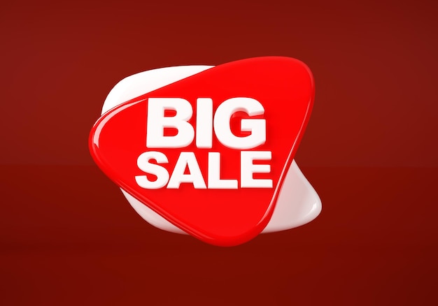 Gran venta banner de texto 3d descuento de ventas 3d render etiqueta de color gráfico aislada sobre fondo rojo
