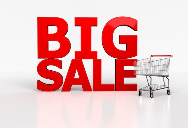 Gran venta palabra 3d y carro de compras realista en blanco. Render 3d