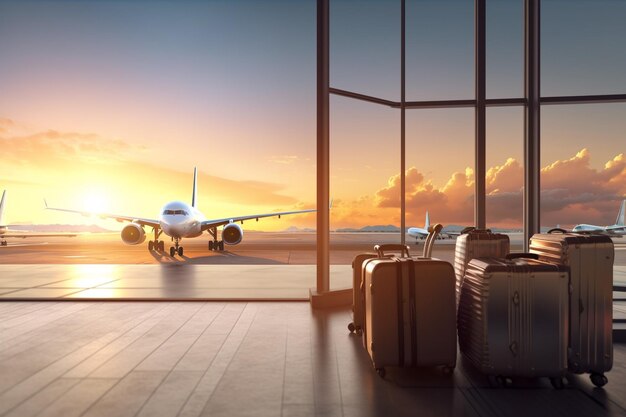 Foto una gran ventana con un avión encima y una bolsa de equipaje delante.