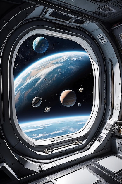 Gran ventana del transbordador en la nave espacial con vista a otros planetas