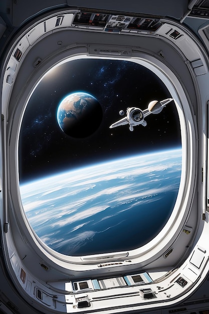 Gran ventana del transbordador en la nave espacial con vista a otros planetas