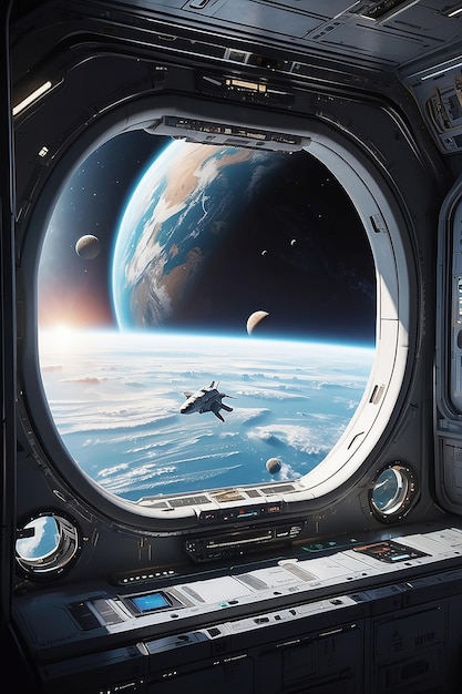 Gran ventana del transbordador en la nave espacial con vista a otros planetas