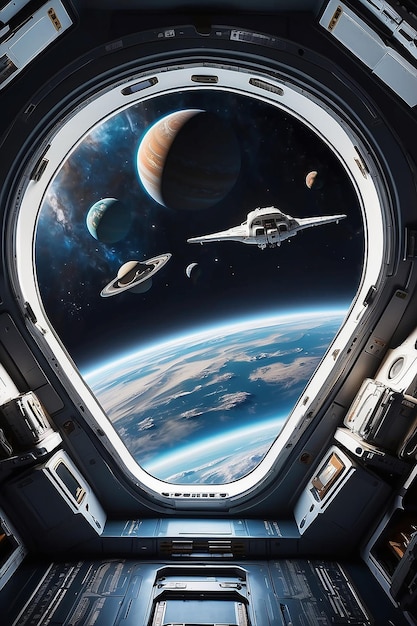 Gran ventana del transbordador en la nave espacial con vista a otros planetas