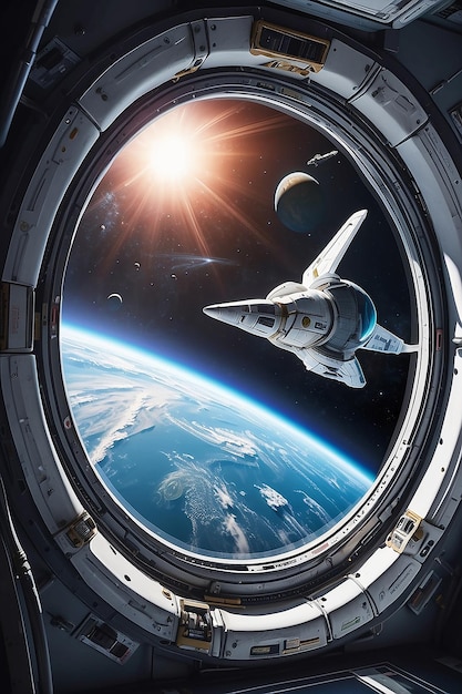 Gran ventana del transbordador en la nave espacial con vista a otros planetas