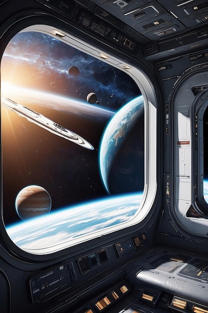 Gran ventana del transbordador en la nave espacial con vista a otros planetas