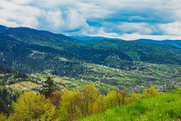 La gran vista de las montañas en la primavera.