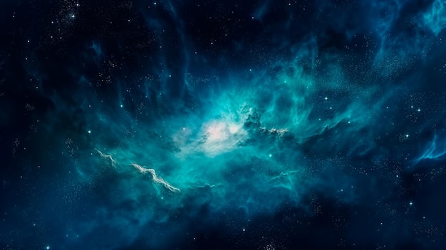 Foto gran vista panorámica de una colorida nebulosa azul oscuro en el espacio fondo cósmico con estrellas brillantes galaxias y universo profundo ia generativa