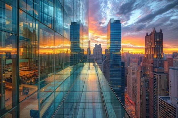 Gran vista de un rascacielos corporativo que refleja el paisaje urbano en su fachada de vidrio