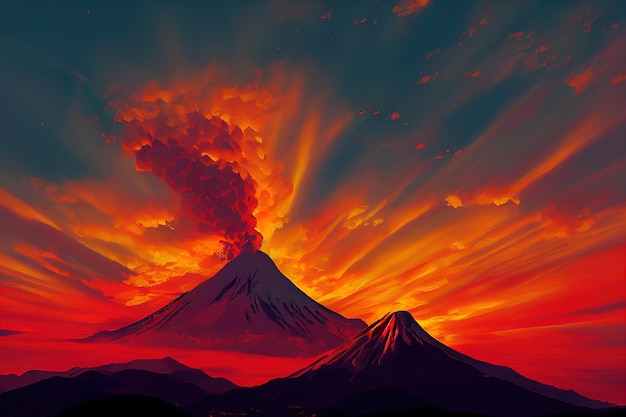 Un gran volcán en erupción de lava caliente y gases en la atmósfera Ilustración 3D