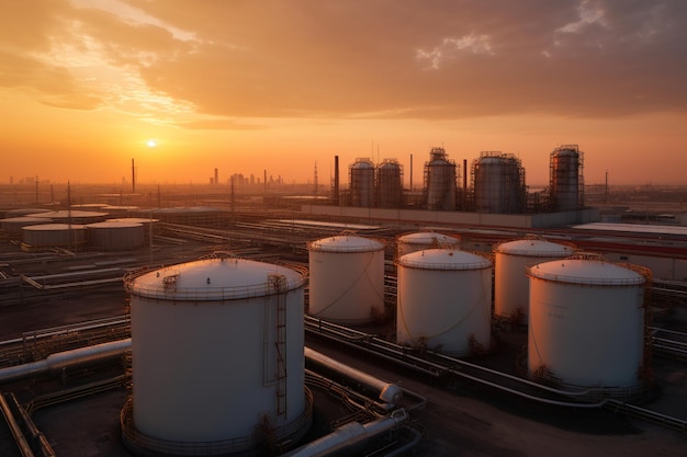 Una gran zona industrial con un gran depósito con una puesta de sol de fondo.