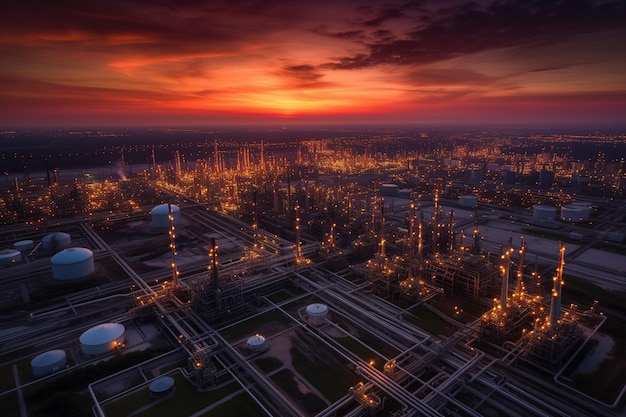 Una gran zona industrial con una puesta de sol y una gran planta con la palabra aceite.