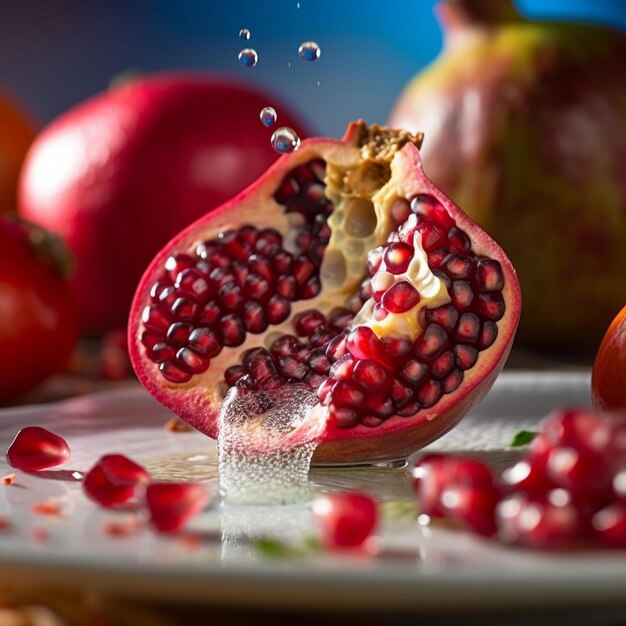 Foto granada fresca y frutas en un plato blanco