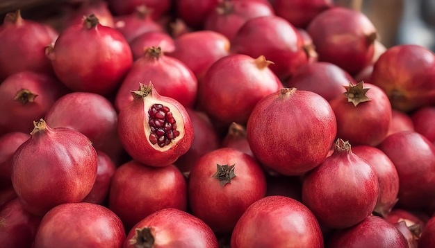 Granada Granada vermelha madura Uma pilha de frutas em uma barraca de rua gerada pela IA