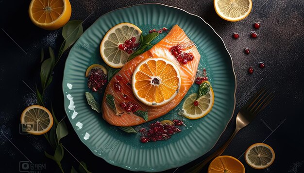 granada limón salmón y aceitunas kalamata en un plato azul