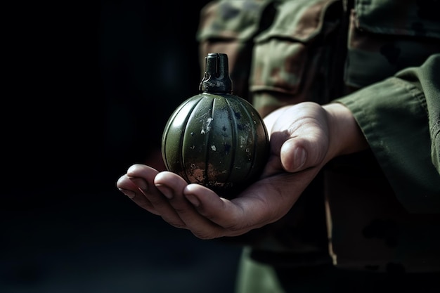 Foto granada nas mãos de militares em colete à prova de balas conceito de guerra