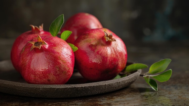 Granadas maduras em prato de madeira Conceito de alimentação e dieta saudáveis