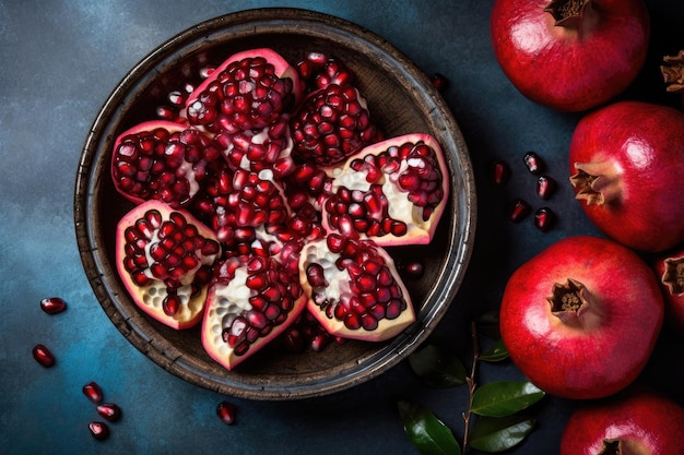 Foto granatapfel auf dem küchentisch, professionelle werbung für food-fotografie