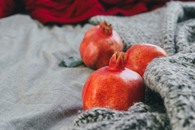 Granatapfel auf einem grauen Plaidabschluß oben