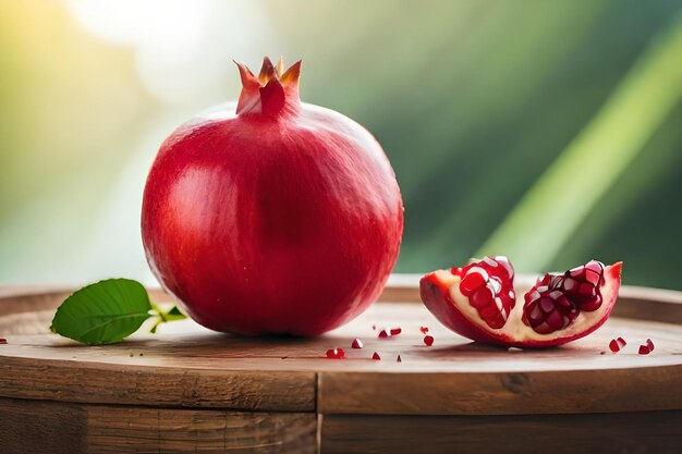 Granatapfel auf einem Holztisch mit einem grünen Blatt und Blättern dahinter.