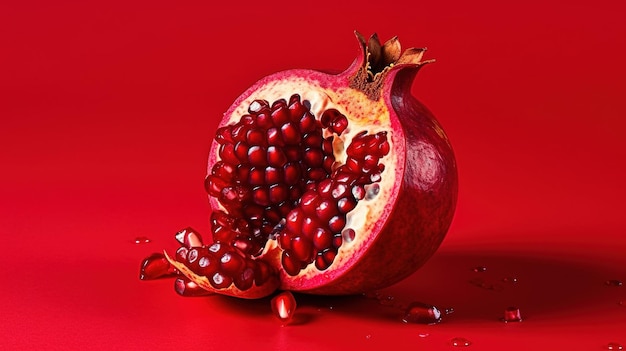 Granatapfel auf rotem Hintergrund Zerbrochene reife Granatapfelfrucht auf roter Oberfläche Hochauflösendes Gen