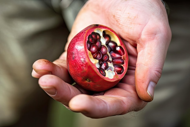 Granatapfel in der Hand mit sichtbaren saftigen Samen, erstellt mit generativer KI