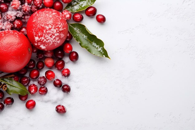 Granatapfel und Viburnum-Rowan-Beeren auf einem weißen Tisch mit Schnee-Weihnachts-Hintergrund