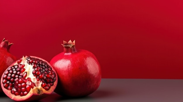 Granatapfelfrucht auf rotem Hintergrund Illustration AI GenerativexA