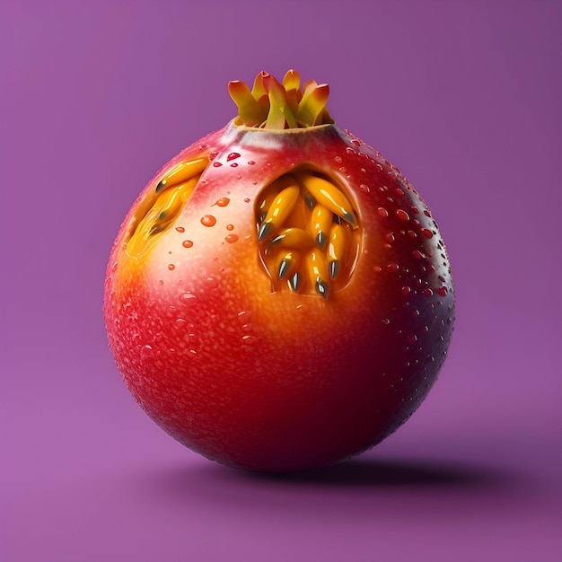 Granatapfelfrucht mit Wassertropfen auf violettem Hintergrund
