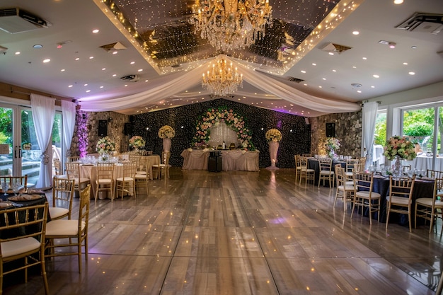 Foto a grand banquet hall adorned with sparkling chandeliers