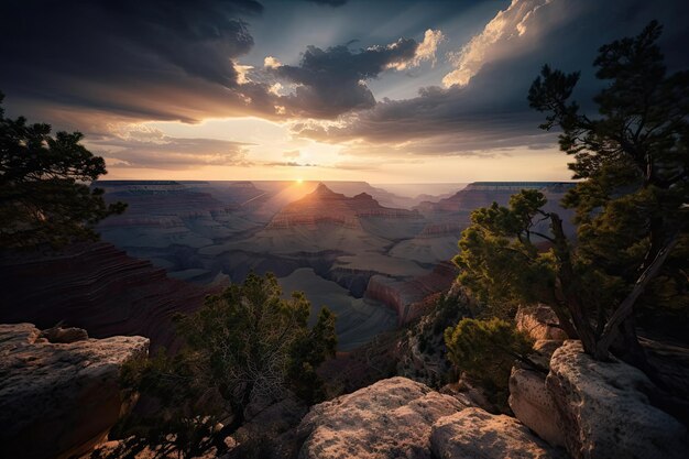 Grand Canyon mit Blick auf den Sonnenuntergang in dramatischem Kontrast zum Himmel, erstellt mit generativer KI