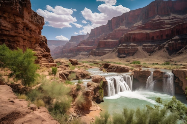 Grand Canyon mit Wasserfällen und viel Grün im Hintergrund, erstellt mit generativer KI