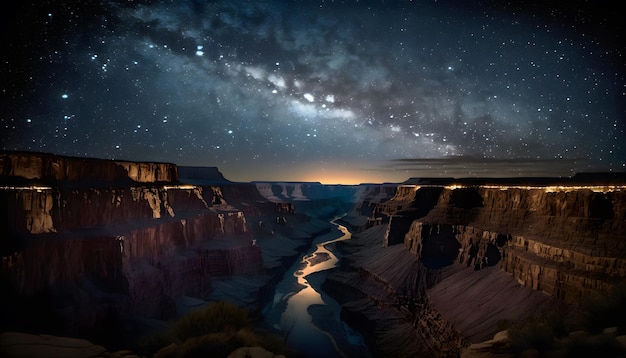 Grand Canyon no panorama noturno de montanhas rochosas sob o céu estrelado generative AI