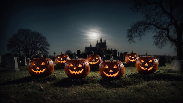 Grande abóbora de halloween no túmulo em uma noite de lua cheia no cemitério atrás do antigo castelo na noite de halloween de outubro