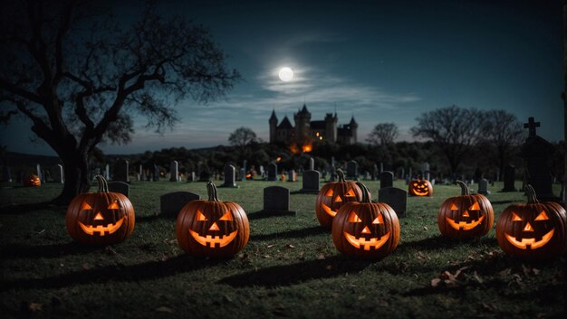 Foto grande abóbora de halloween no túmulo em uma noite de lua cheia no cemitério atrás do antigo castelo na noite de halloween de outubro