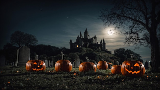 Grande abóbora de halloween no túmulo em uma noite de lua cheia no cemitério atrás do antigo castelo na noite de halloween de outubro