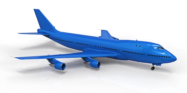 Grande aeronave de passageiros de grande capacidade para longos voos transatlânticos. Avião azul sobre fundo branco isolado. Ilustração 3D.