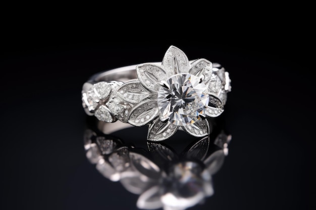Grande anel de diamante com aliança de casamento de diamante em fundo branco
