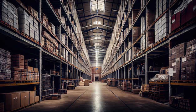 Foto grande armazém industrial com prateleiras cheias de mercadorias