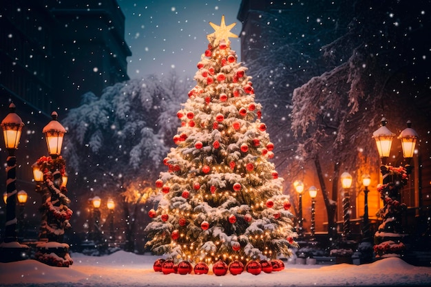 grande árvore de Natal iluminada na cidade à noite