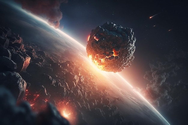 Grande asteroide ardente caindo na terra IA generativa
