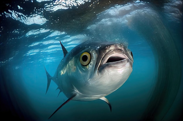 Grande atum com olhos grandes flutuando na água fria do mar