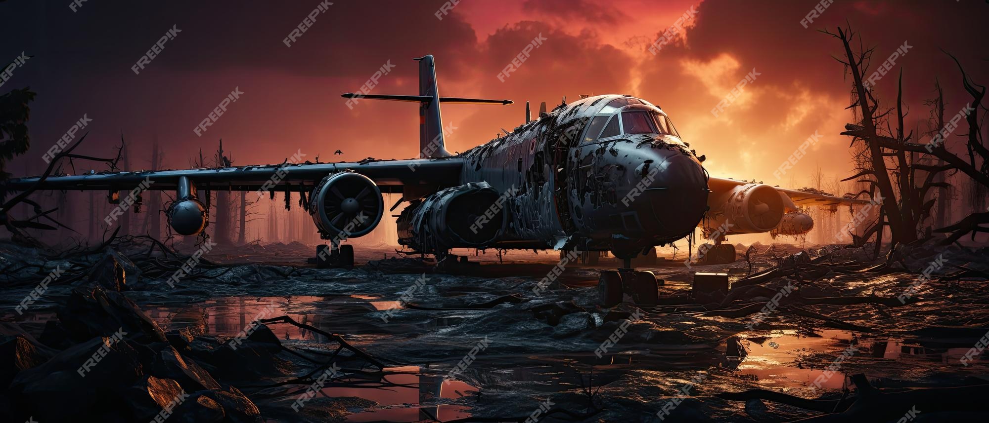 Grande avião de guerra militar pós apocalipse paisagem jogo de