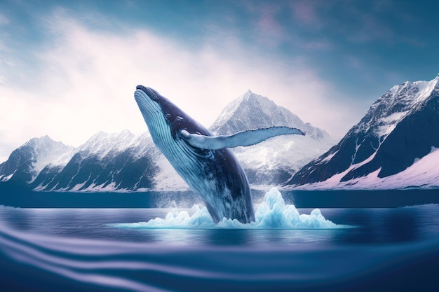 Grande baleia pulando fora d'água contra o pano de fundo das montanhas geladas no Ártico