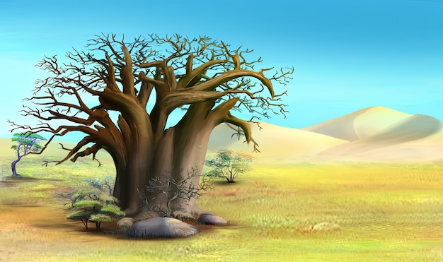 Grande baobá na ilustração de savana