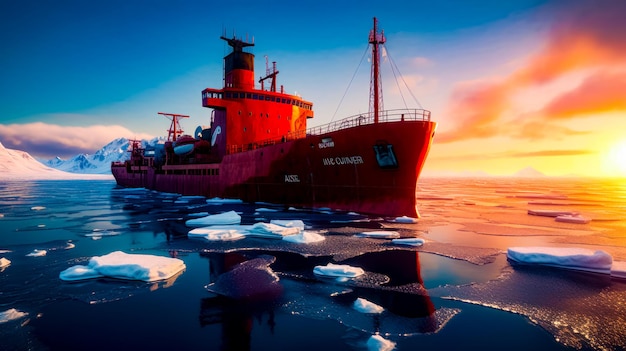 Grande barco vermelho flutuando em cima do oceano coberto de gelo ao lado de blocos de gelo Generative AI