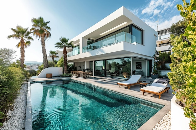 Grande bela casa de família moderna de luxo branca com uma piscina sob um céu azul brilhante