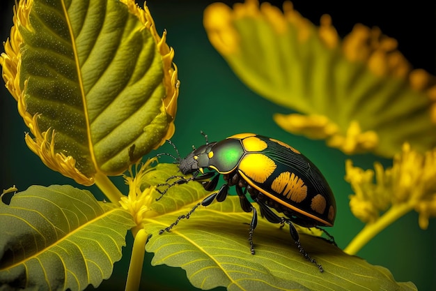 Grande besouro preto e amarelo na flor e nas folhas verdes criadas com ai generativo