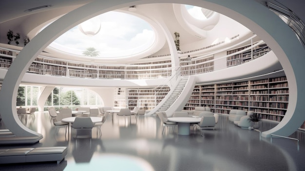 Grande Biblioteca Futurista com muitas ai geradas na prateleira
