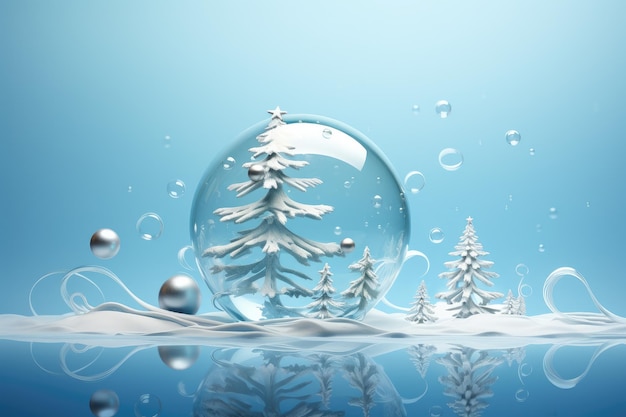 Foto grande bolha transparente com árvore de natal branca em um fundo azul ia geradora